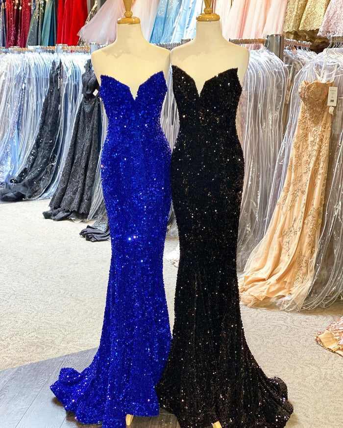 Mermaid Red Sequins Strapless Long Prom Dress