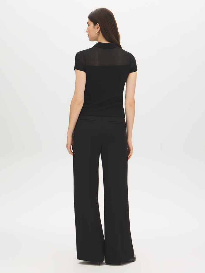 Black Mesh Yoke Johnny Collar Top - Back View - Suzy Shier