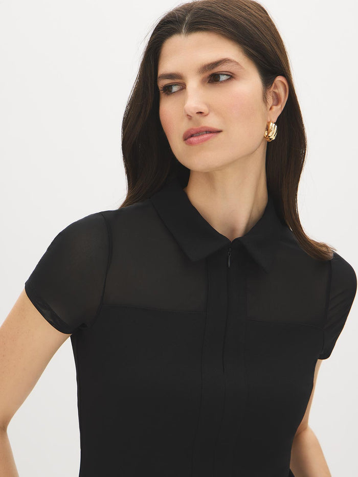 Black Mesh Yoke Johnny Collar Top - Close-up Collar Detail - Suzy Shier