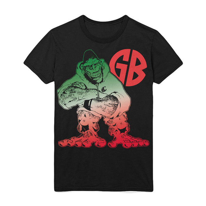 Gorilla Biscuits black t-shirt with a cartoon gorilla in a green and red hoodie, arms folded, plus bold red GB lettering on the upper right.
