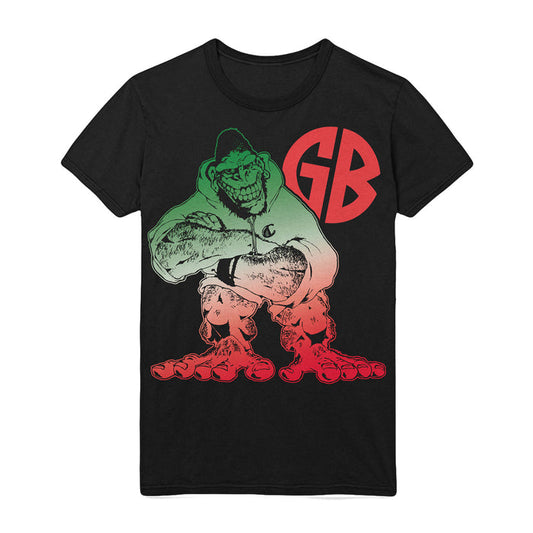 Gorilla Biscuits black t-shirt with a cartoon gorilla in a green and red hoodie, arms folded, plus bold red GB lettering on the upper right.