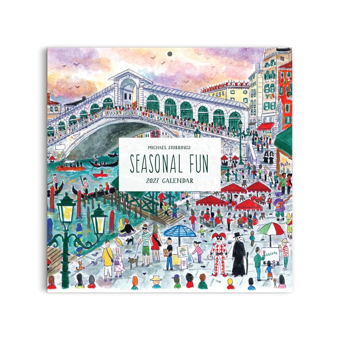 Calendar cover with a colorful illustration of a bridge and people, featuring the brand 'Michael Hodgkins'.