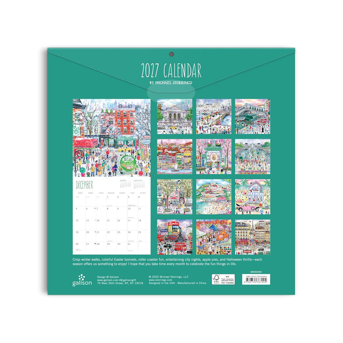 A 2017 wall calendar by Michael Strossberg, shown from the back with a teal envelope-style cover. The back features a large illustrated city scene for September, twelve smaller monthly previews, and product details at the bottom.