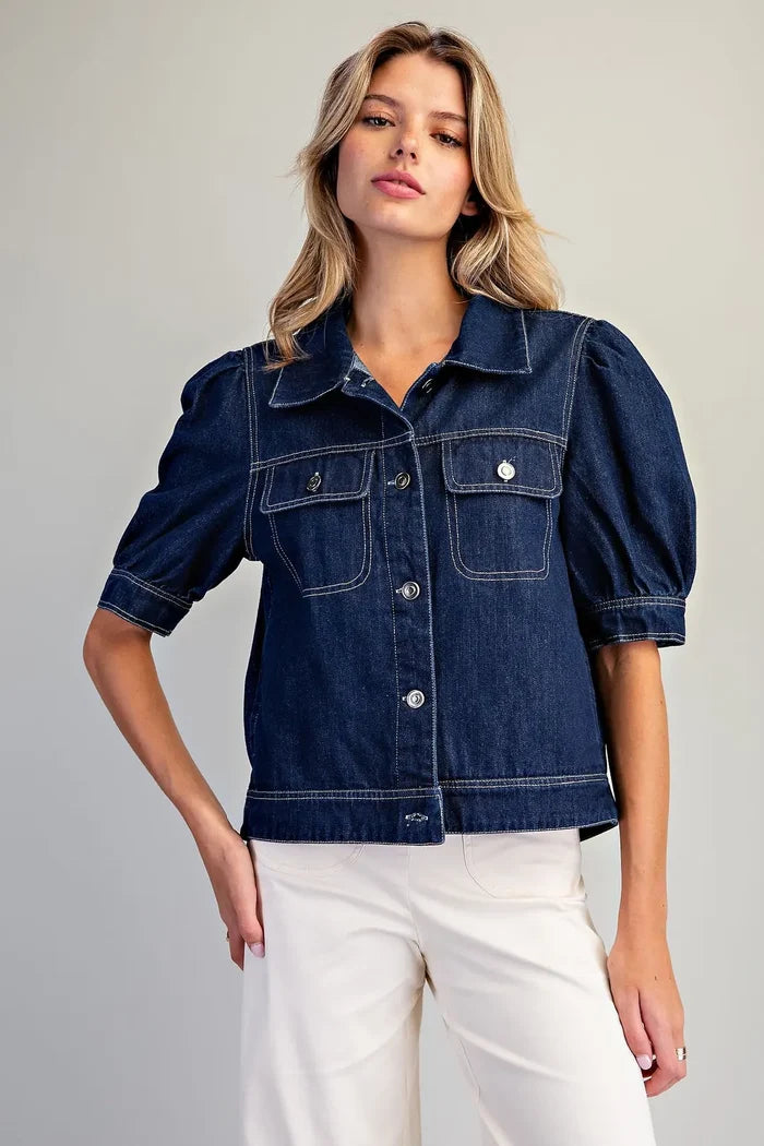 Mineral Washed Puff Sleeve Denim Jacket