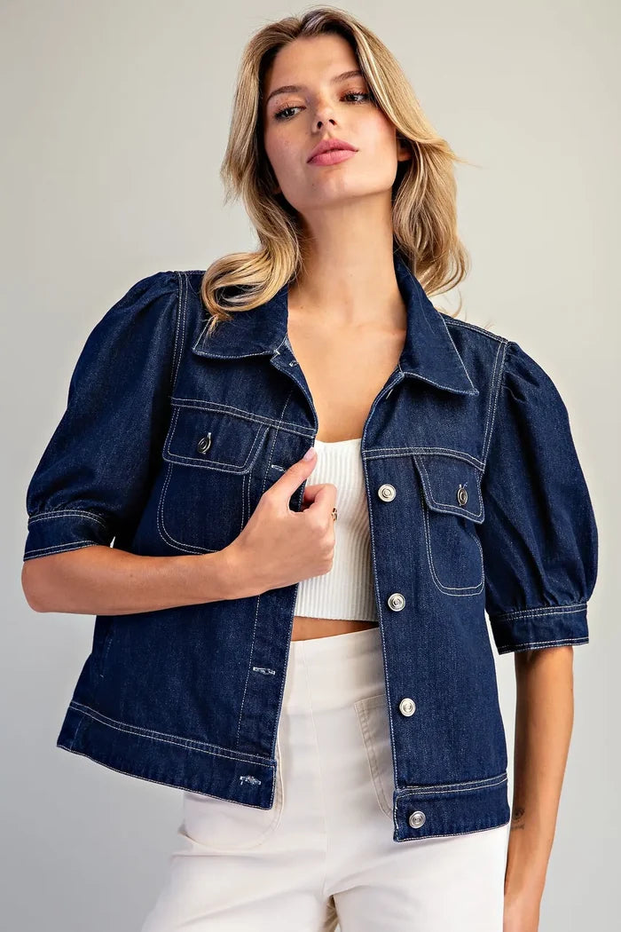 Mineral Washed Puff Sleeve Denim Jacket