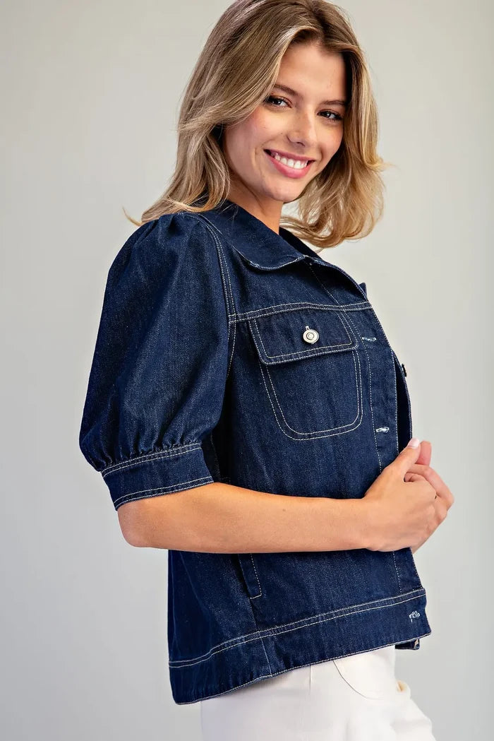 Mineral Washed Puff Sleeve Denim Jacket
