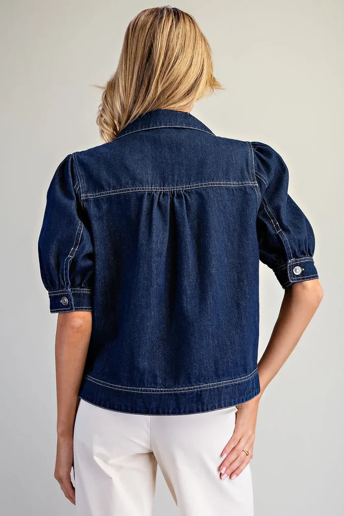Mineral Washed Puff Sleeve Denim Jacket