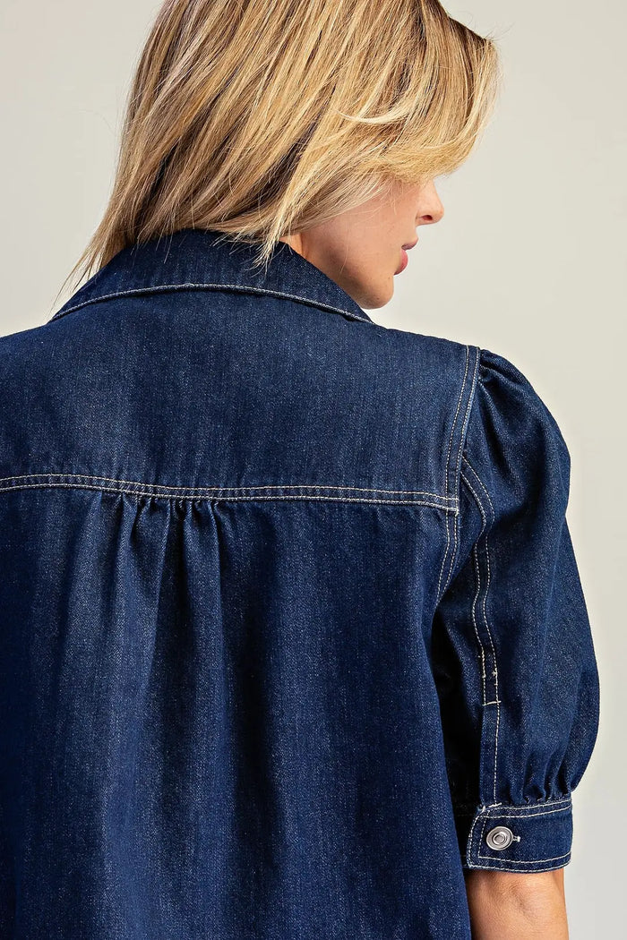 Mineral Washed Puff Sleeve Denim Jacket