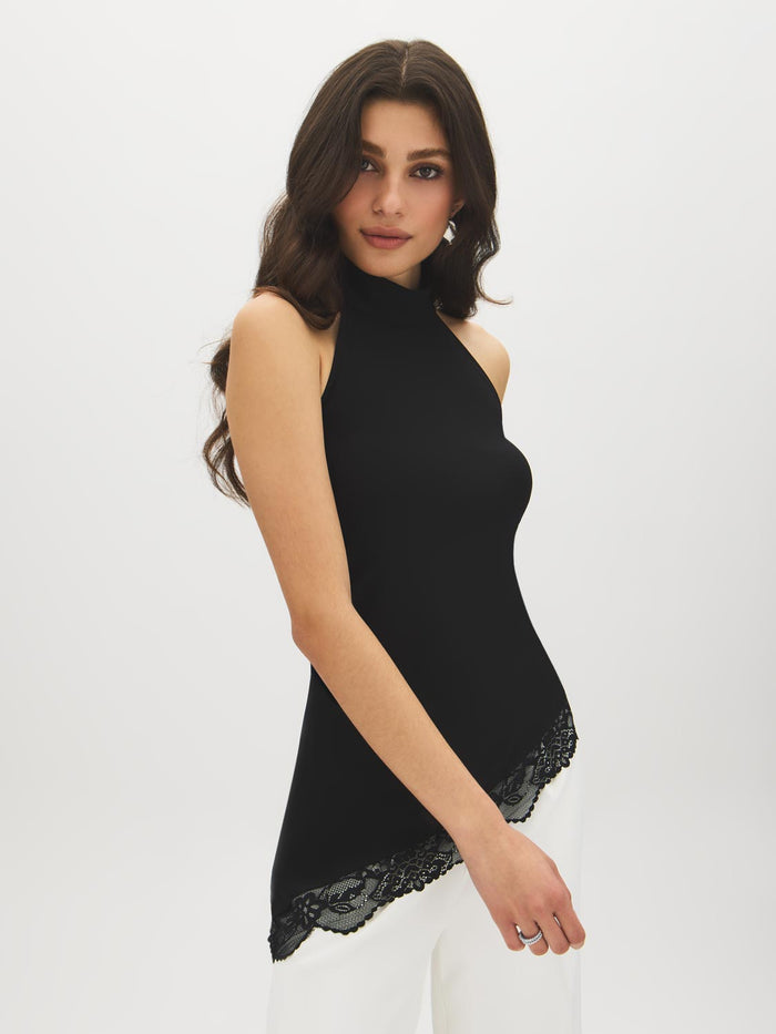 Jet Black Mock Neck Halter Top with Lace Trim - Front View - Suzy Shier