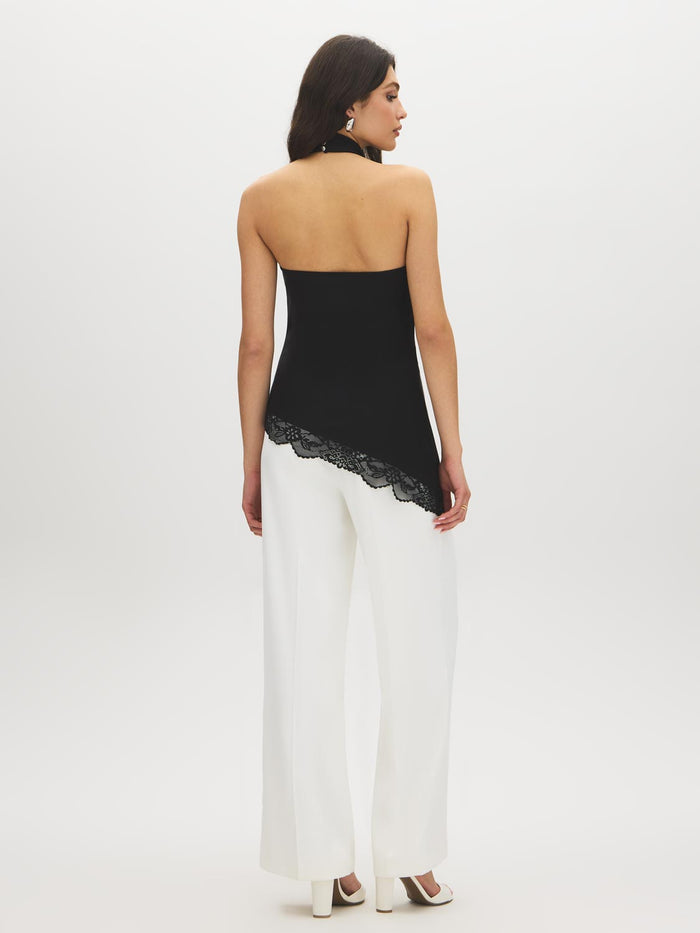 Jet Black Mock Neck Halter Top with Lace Trim - Back View - Suzy Shier