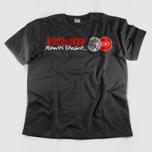 A black t-shirt by Johnny Booth features bold red and white graphics with the text Johnny Society and Moments Elsewhere, plus two overlapping vinyl records—one black, one red—on the chest.