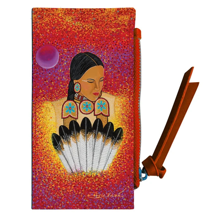 Moon Whispers... Dance Card Holder featuring original artwork by Cree artist Delree Dumont with vibrant colors and cultural design.
