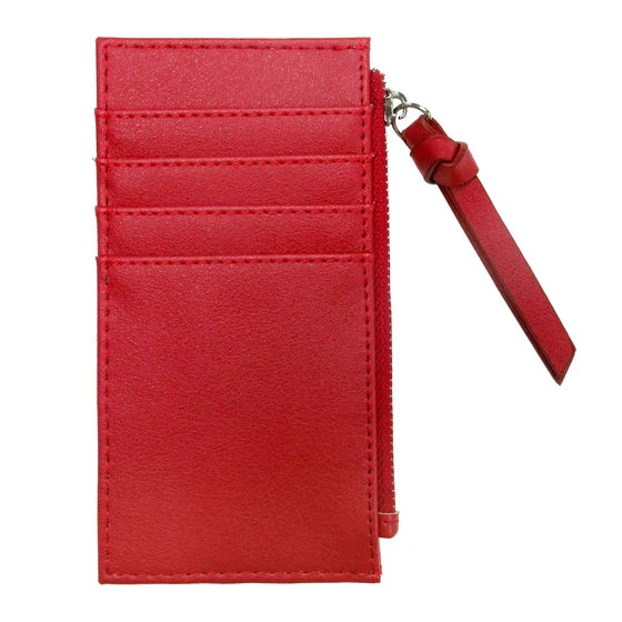 Red leather wallet with a strap on a white background