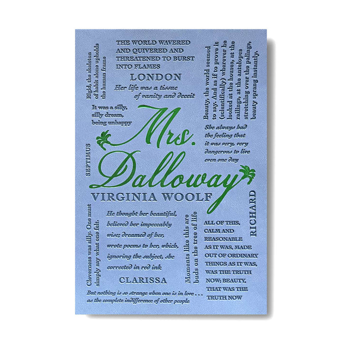 Light blue book cover featuring typography from Virginia Woolf's novel 'Mrs. Dalloway' in green and black text, with the title and author prominently displayed.