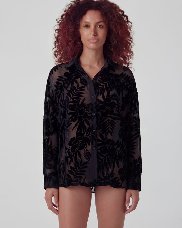 NADIA COUNTRY FLORAL VELVET DEVORE BLACK WOMENS SHIRT