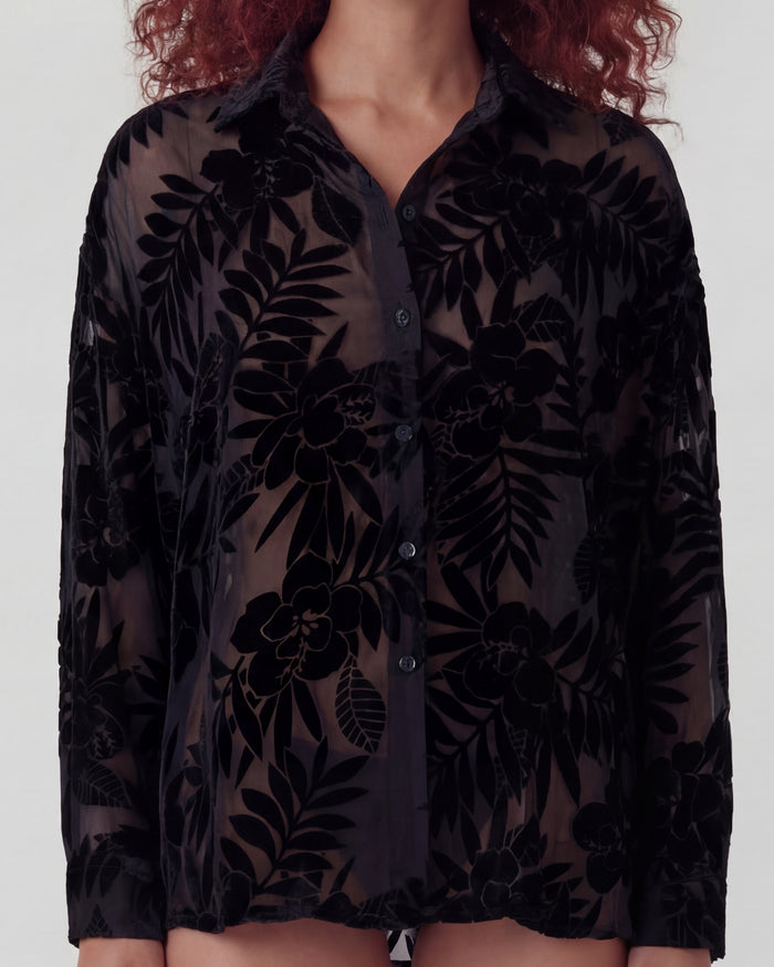 NADIA COUNTRY FLORAL VELVET DEVORE BLACK WOMENS SHIRT