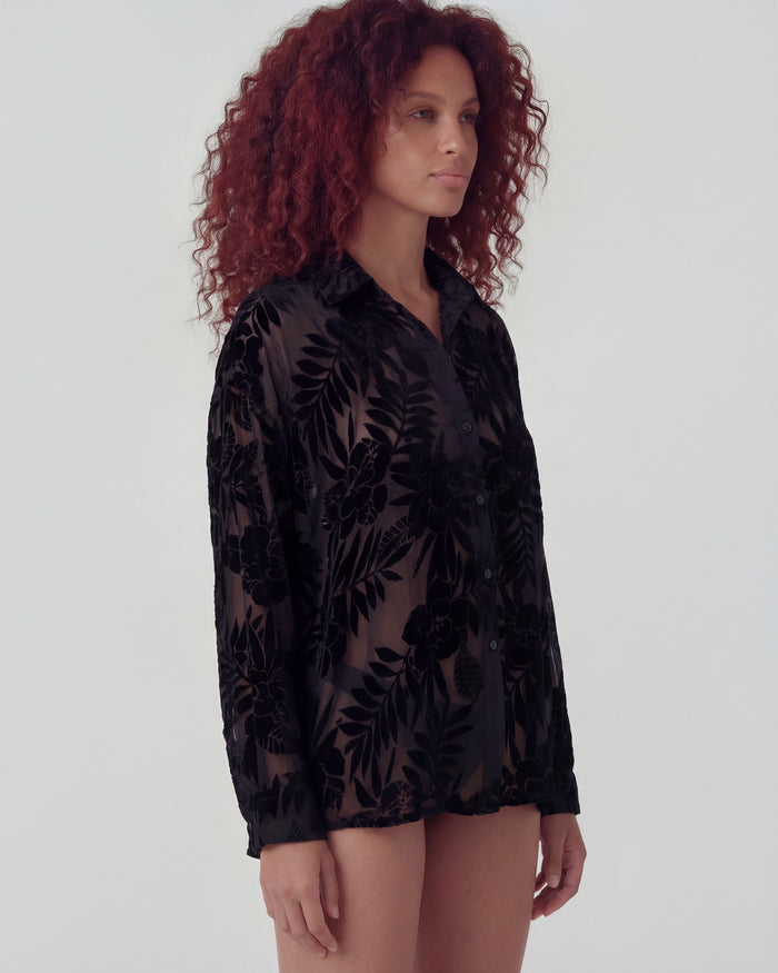 NADIA COUNTRY FLORAL VELVET DEVORE BLACK WOMENS SHIRT