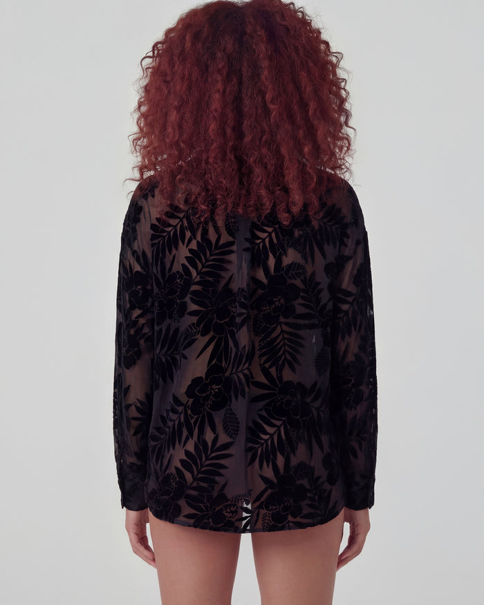 NADIA COUNTRY FLORAL VELVET DEVORE BLACK WOMENS SHIRT