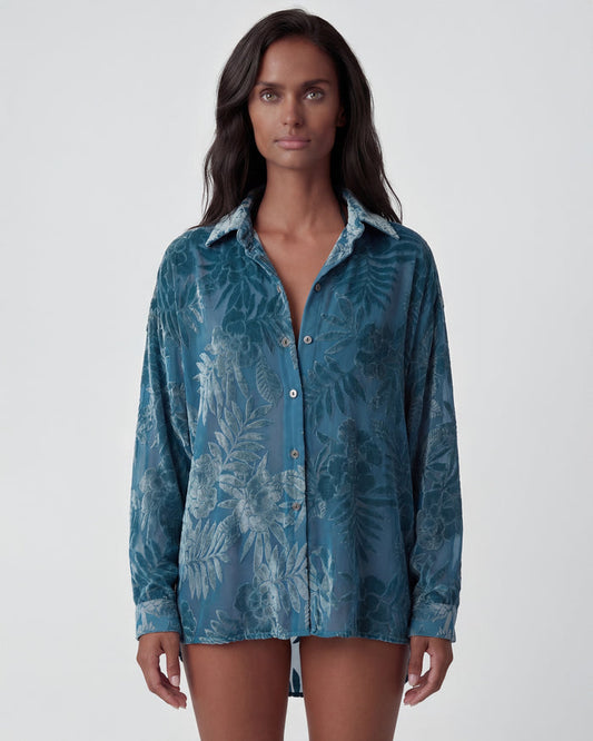 NADIA COUNTRY FLORAL VELVET DEVORE TEAL WOMENS SHIRT