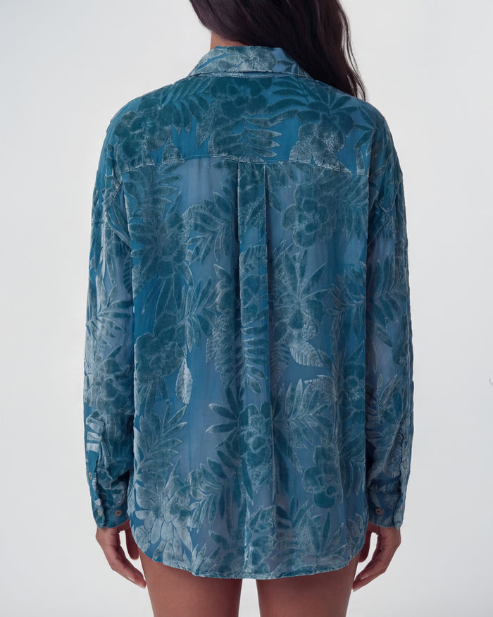 NADIA COUNTRY FLORAL VELVET DEVORE TEAL WOMENS SHIRT