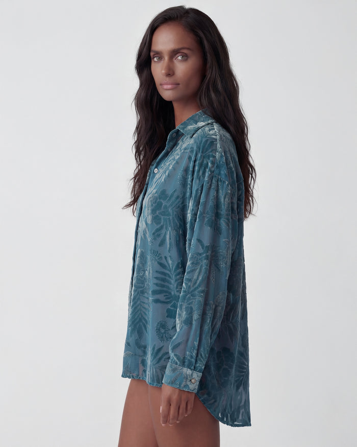 NADIA COUNTRY FLORAL VELVET DEVORE TEAL WOMENS SHIRT