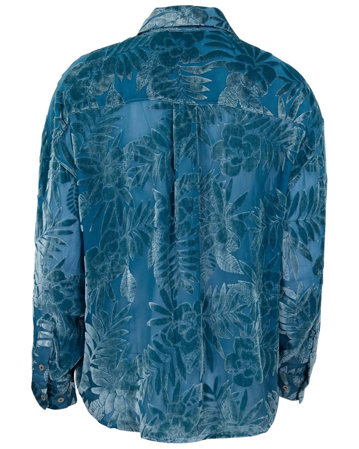 NADIA COUNTRY FLORAL VELVET DEVORE TEAL WOMENS SHIRT