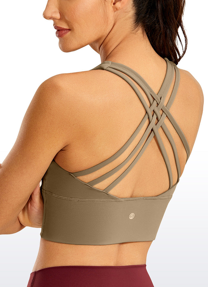 CRZ YOGA Women's Train Medium Support Nakedfeel Longline Bra Strappy Khaki fog