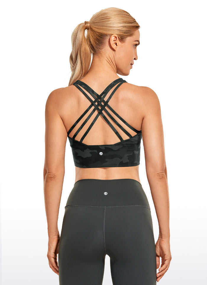 CRZ YOGA Women's Train Medium Support Nakedfeel Longline Bra Strappy Olive Camouflage