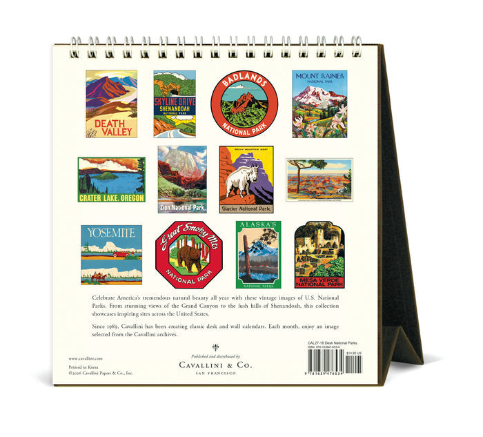 A spiral-bound wall calendar shown from the back, featuring a grid of vintage-style U.S.