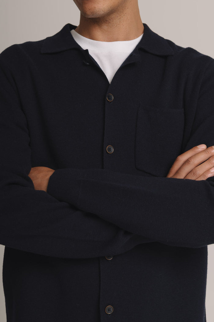 Navy Merino Knit Polo Shirt, Long-Sleeve Polo Shirt - SIRPLUS