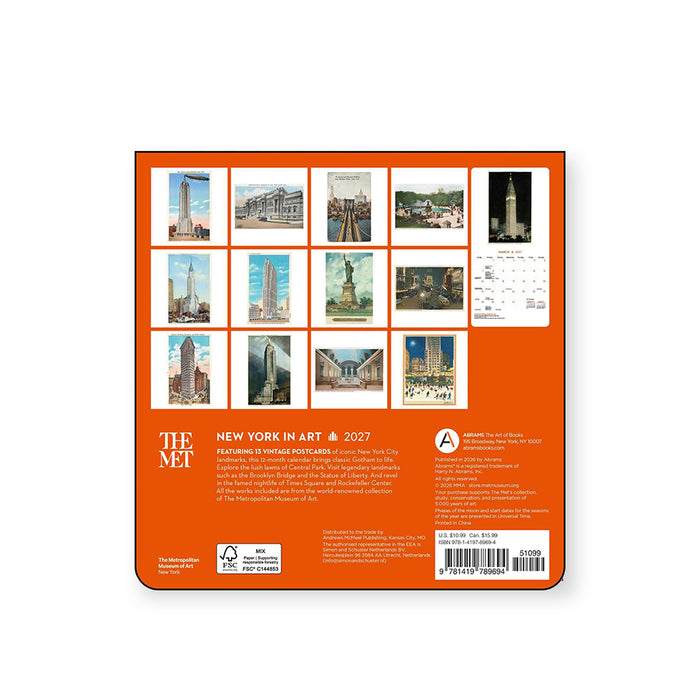 The back cover of a square art print or calendar titled 'New York in Art 2027' by The Met, featuring an orange background with a grid of small cityscape photographs and product details.