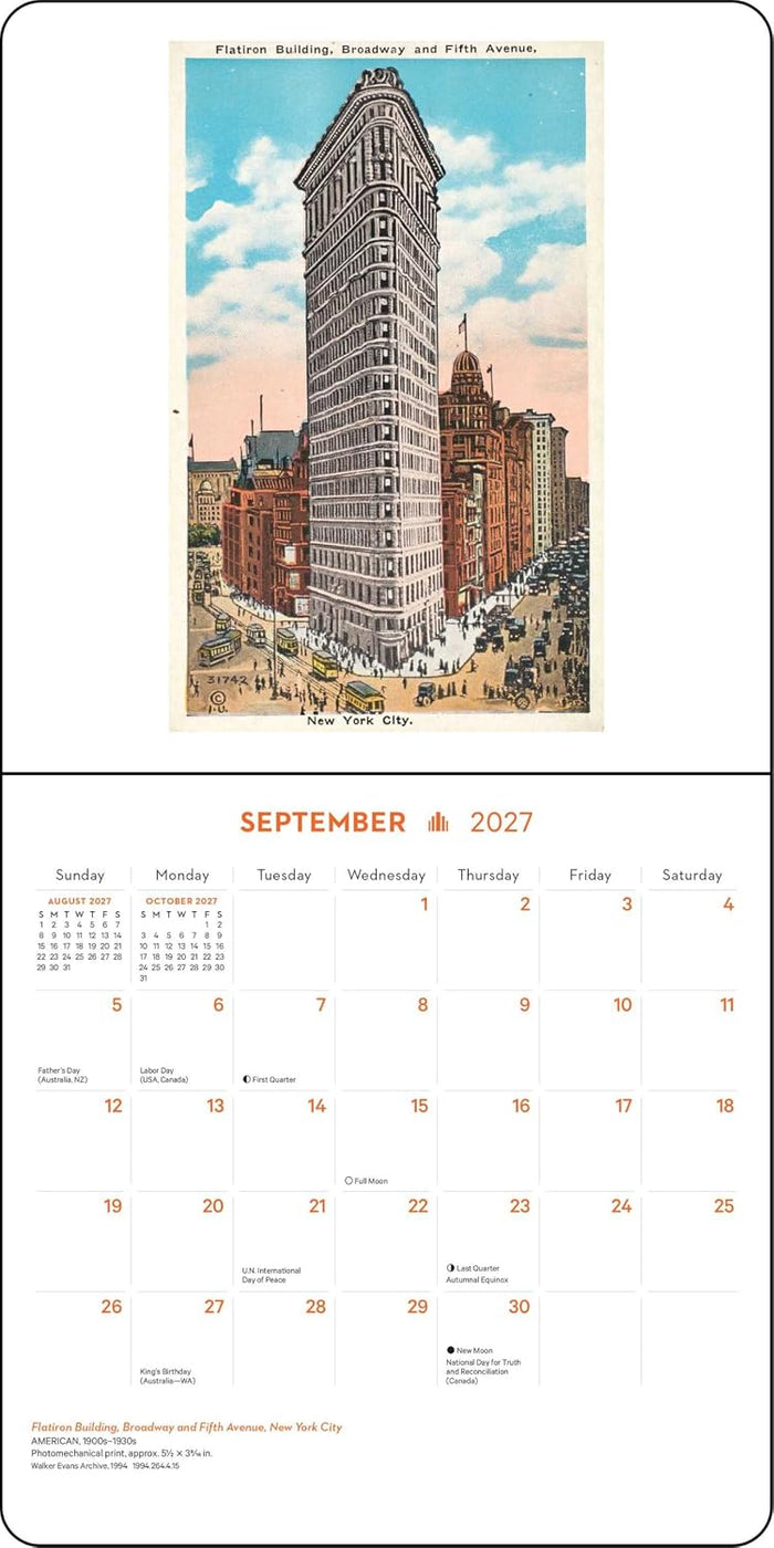 A vintage-style illustrated calendar page showing the Flatiron Building in New York City, with a September 2027 monthly grid below it.