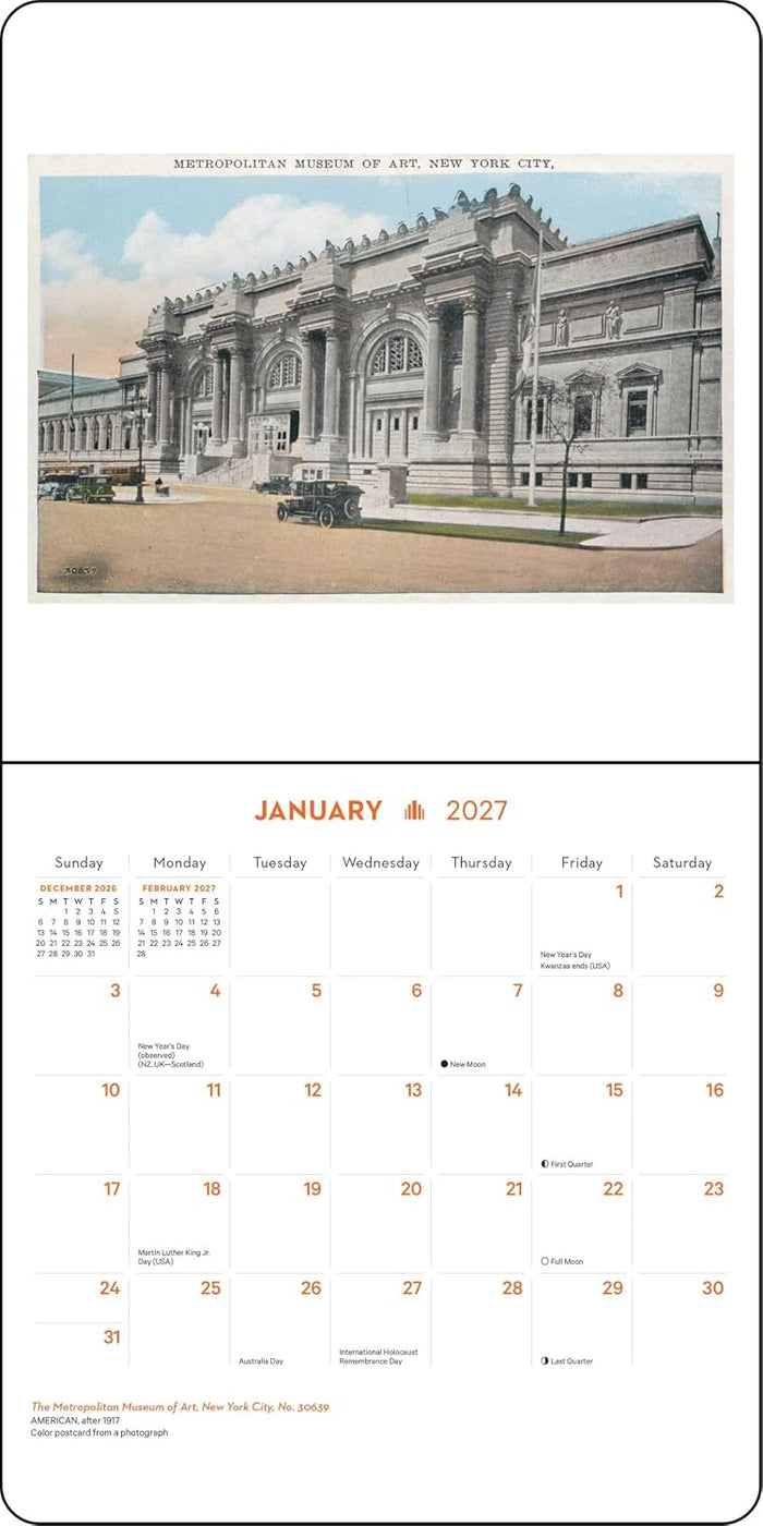 A vintage-style calendar page featuring a large printed photograph of the Metropolitan Museum of Art in New York City at the top and a January 2027 monthly calendar grid at the bottom.