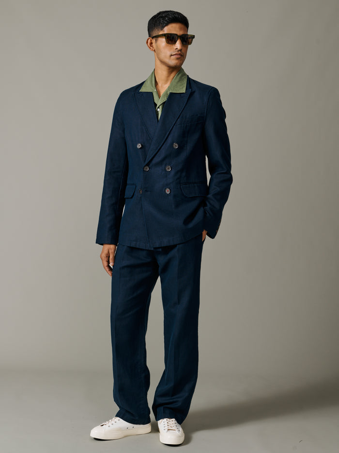 Aubin Navy Hopsack Northfield Double Breasted Jacket | Linen Jacket