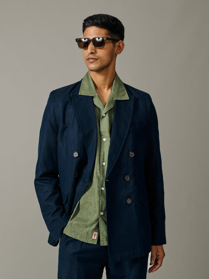 Aubin Navy Hopsack Northfield Double Breasted Jacket | Linen Jacket