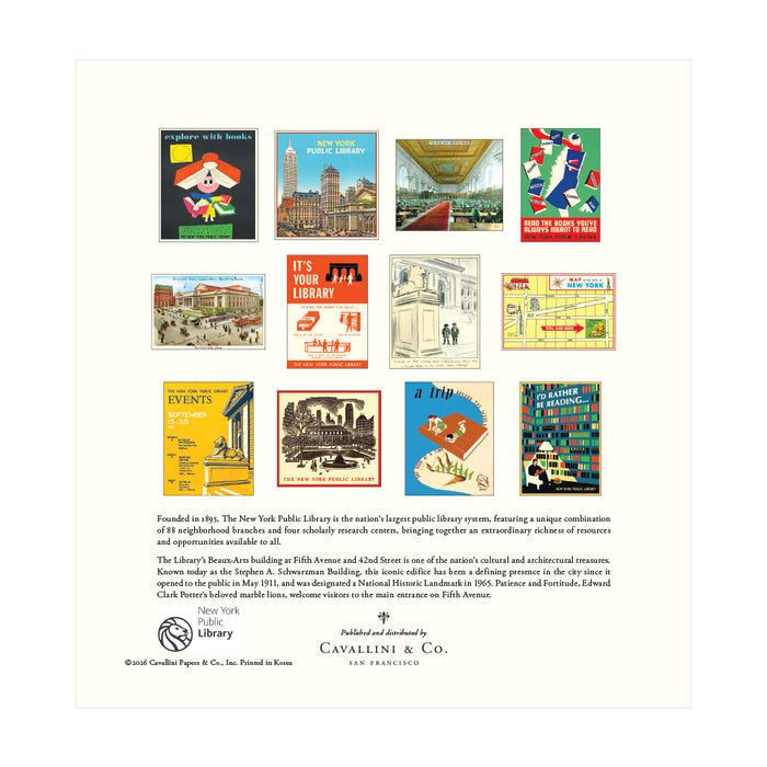 A square art print featuring a collage of vintage New York City library book covers and posters, with a block of descriptive text and publisher marks at the bottom. The print is shown against a light gray background.