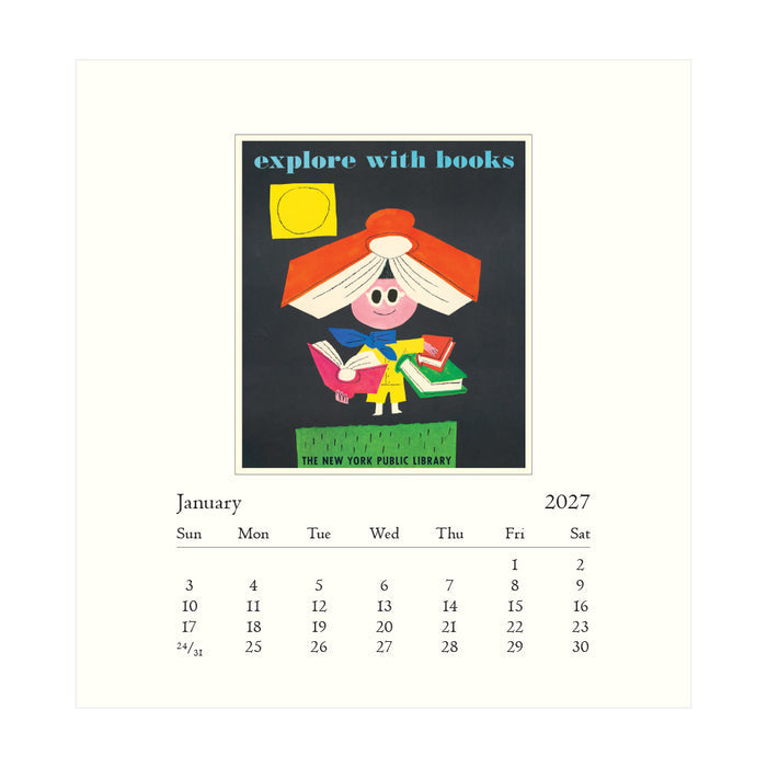 A square wall calendar page for January 2027 featuring a vintage-style illustration of a child reading with an open book as a hat, above a monthly calendar grid. The artwork includes the text 'explore with books' and 'THE NEW YORK PUBLIC LIBRARY'.