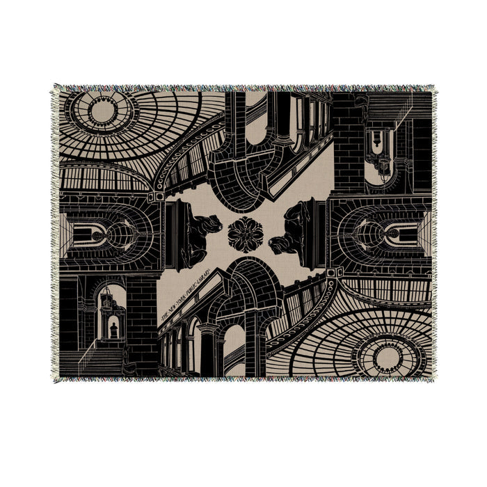 Decorative throw blanket with architectural design.