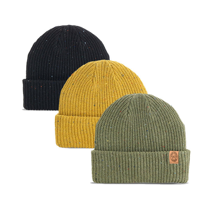 Three knit beanie hats in black, mustard yellow, and green on a white background.