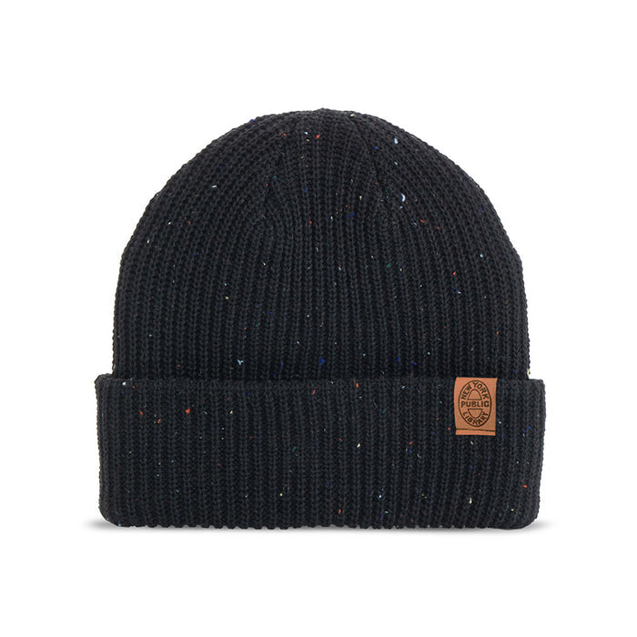Black beanie with a brown leather patch with a NYPL oval stamp.