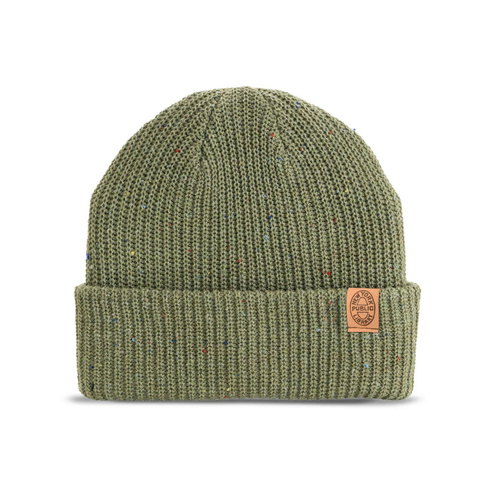 Green beanie with a brown leather patch with a NYPL oval stamp.