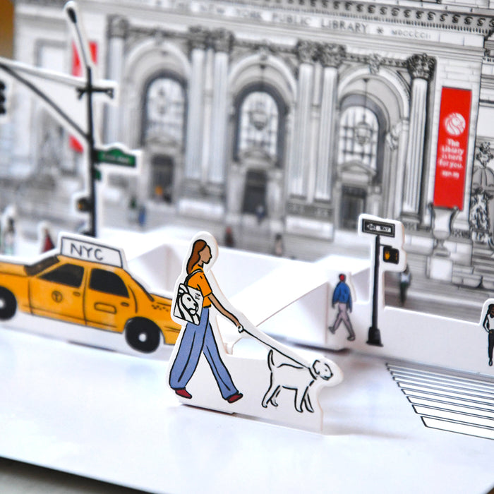 Close-up to see details of the people walking around in the illustration.