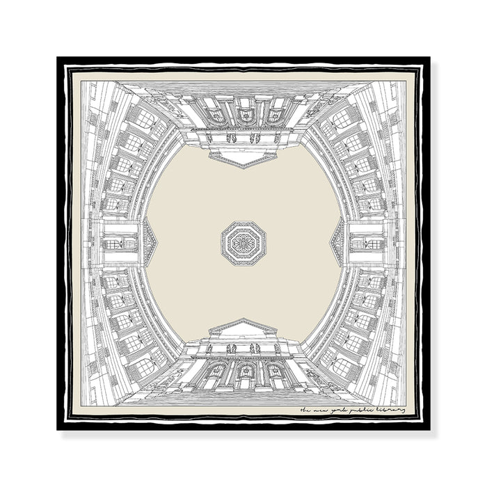 Squared neckerchief featuring a sketch of NYPL's flagship building facade. Text on one of the corners reads: The New York Public Library.