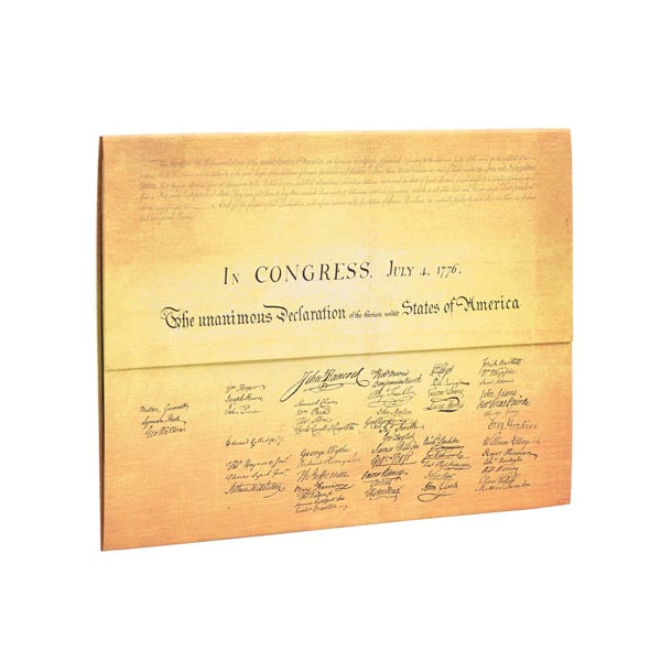 A document folder with a printed replica of the Declaration of Independence on its cover.