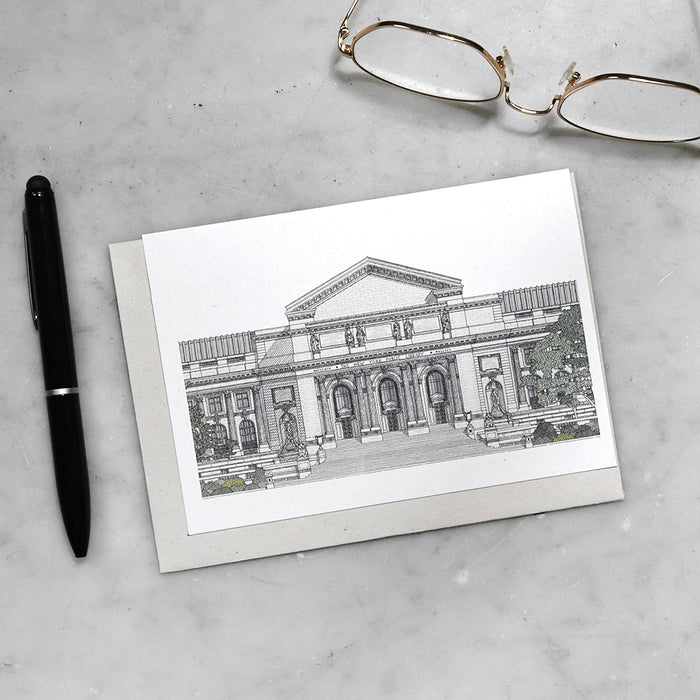 Rectangular greeting card featuring an architectural drawing of NYPL's flagship building on a textured surface.