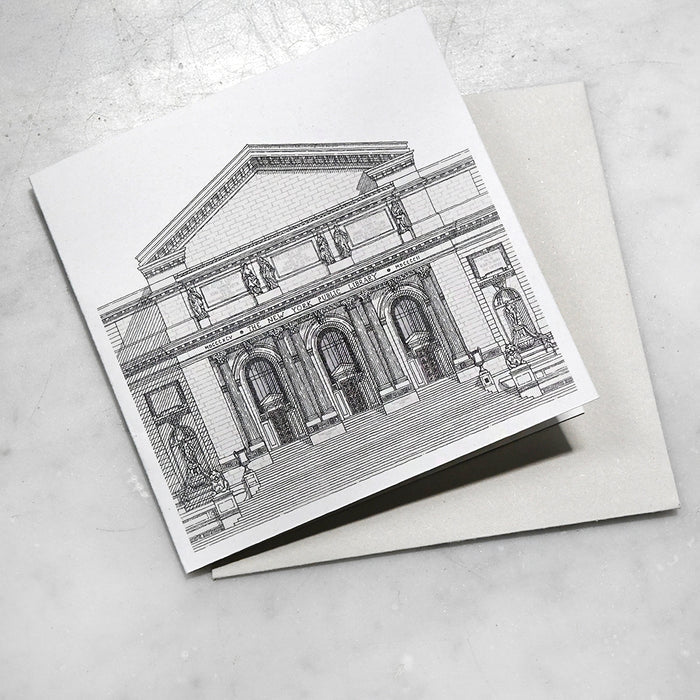 Square-shaped greeting card featuring an architectural drawing of NYPL's flagship building on a textured surface.