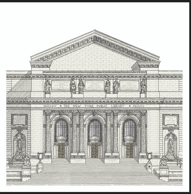 Detailed line drawing of the New York Public Library façade featured on greeting card.