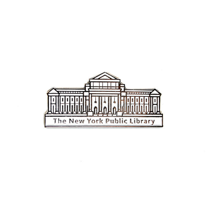 An enamel pin depicting the New York Public Library building in white and black.