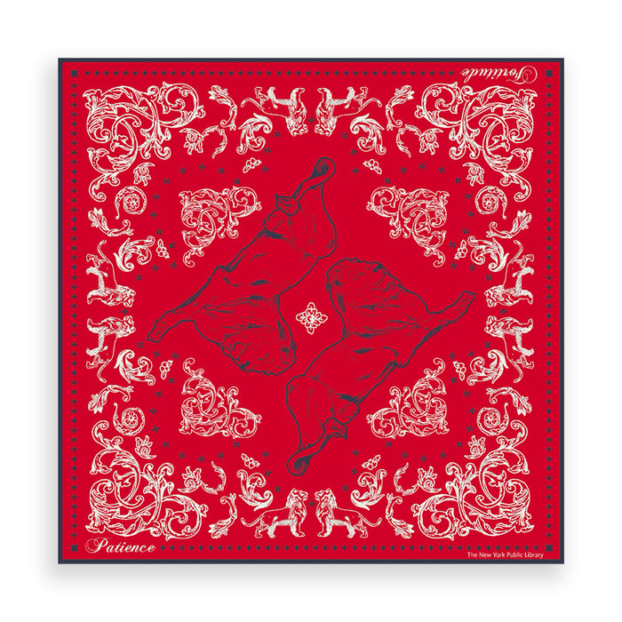 Red bandana with navy blue border and white patterns featuring the Library lions in the center.