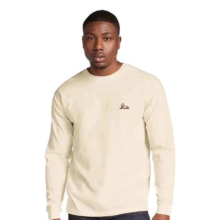 Man wearing a beige long-sleeve shirt with a small logo on a white background